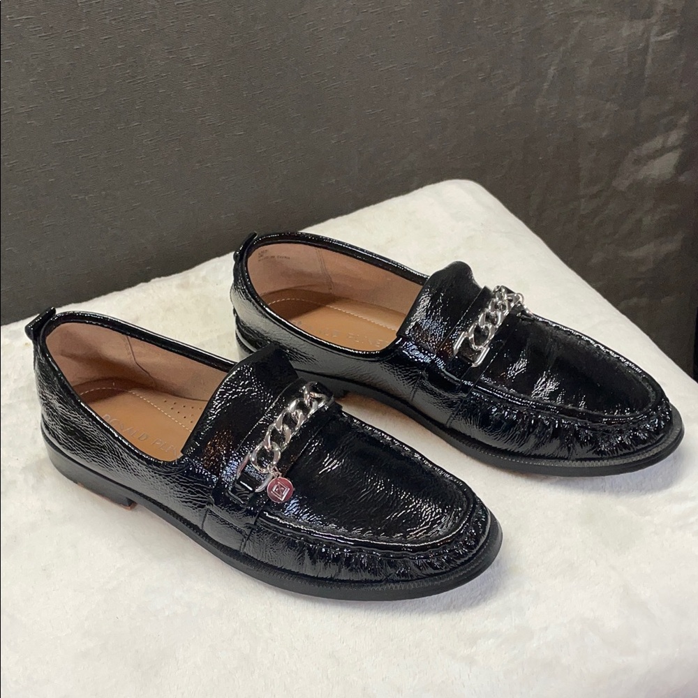 Donald J. Pliner Shiny Black Slip-Ons with Metallic Chain